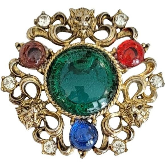 Gold Tone Lion Face Multicolor Cab, Rhinestone Cluster Brooch Pin, M770